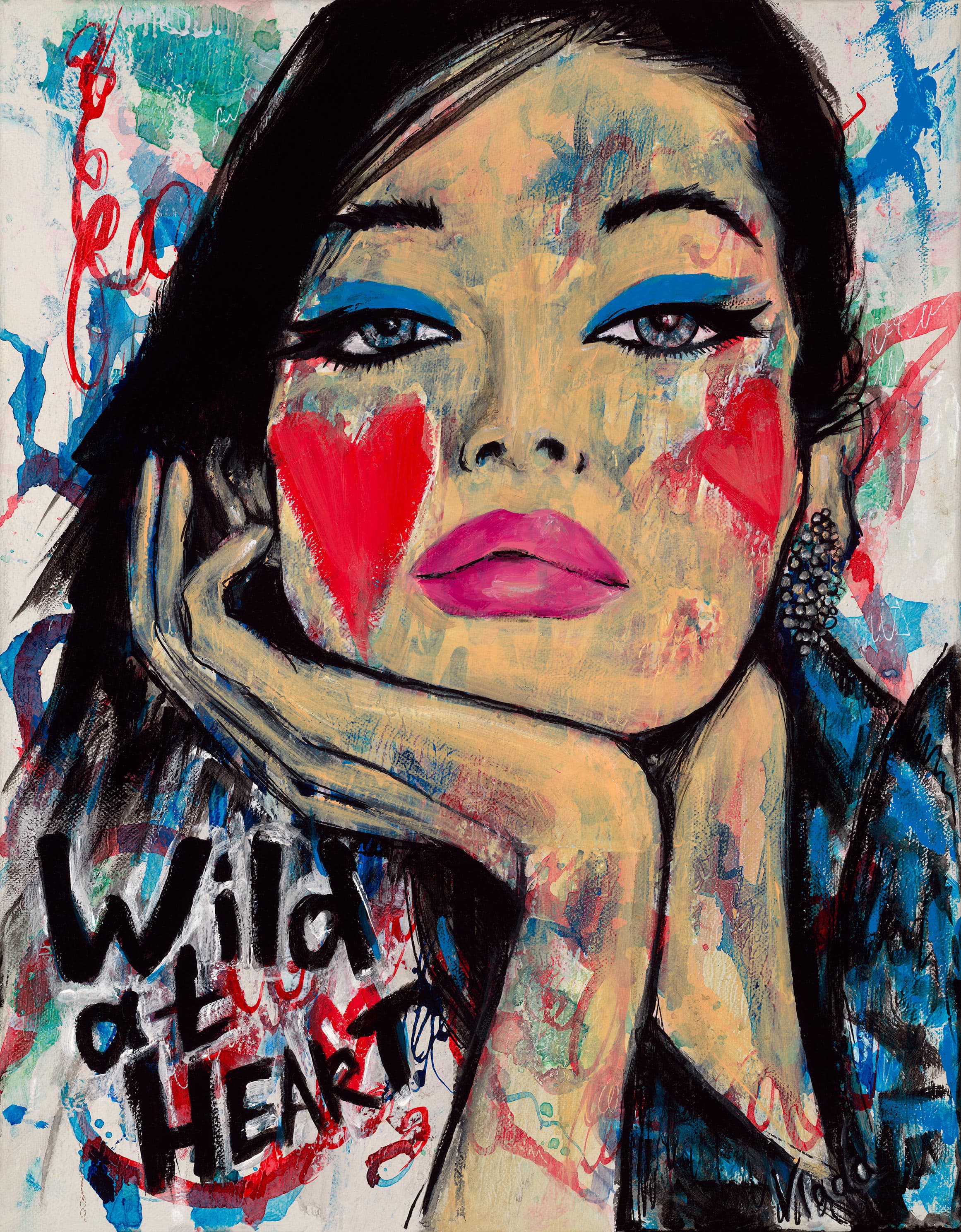 Abstract red, blue and black brushwork on white — original painting by Vlada Joubert